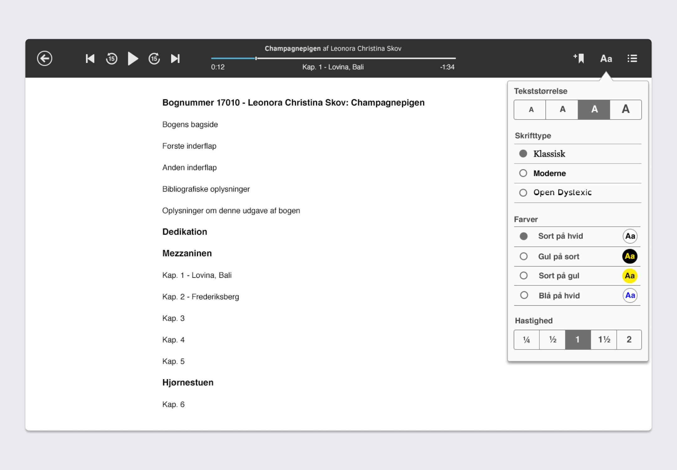 The audiobook streaming player was unique in that users can follow along in the text. The view had to be highly customizable to match users' preferences and accessibility needs.